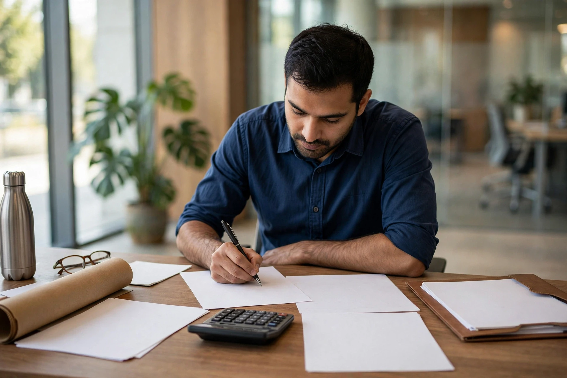 Borrower signing property loan documents at bank desk