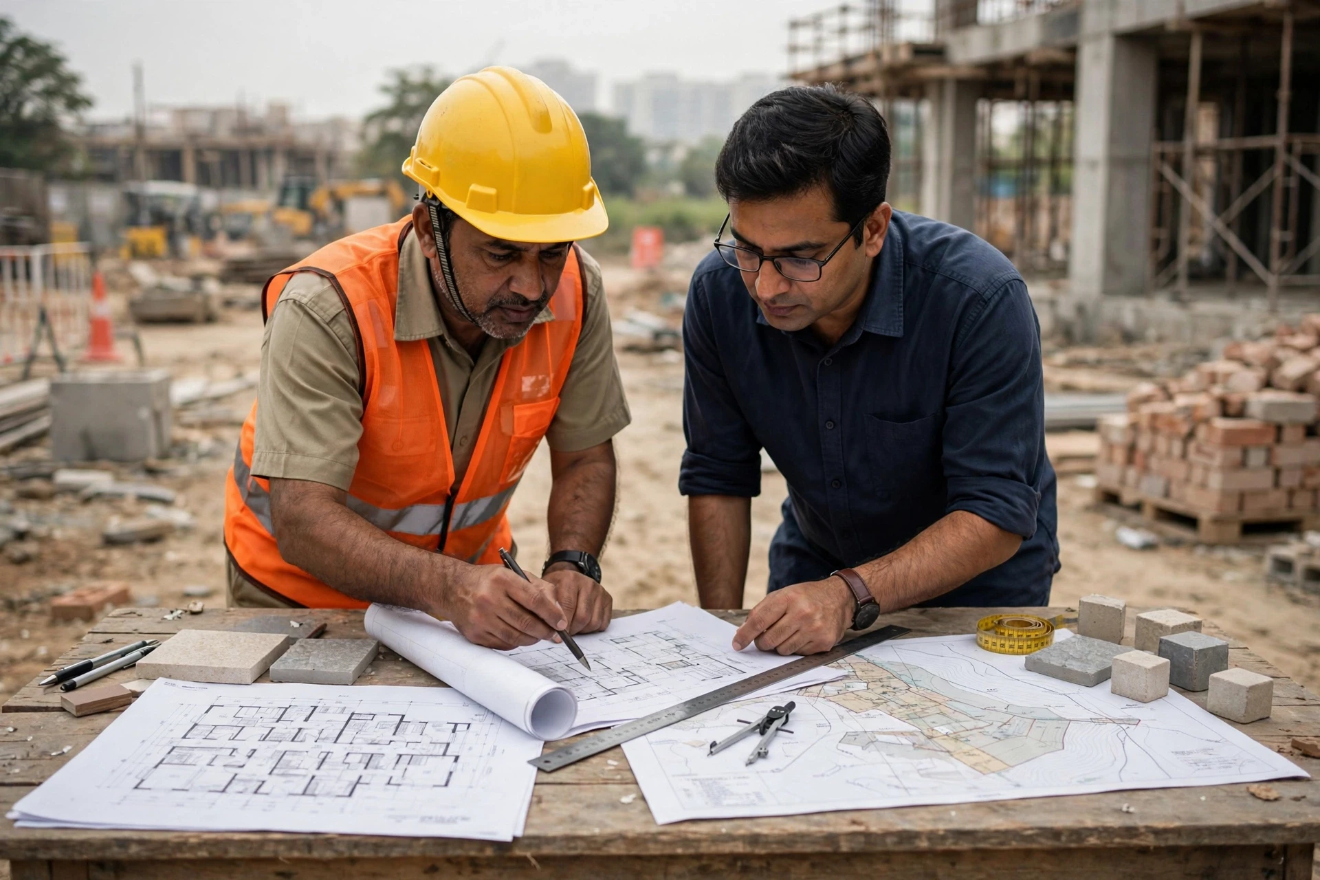 Builder and plot owner reviewing floor plans