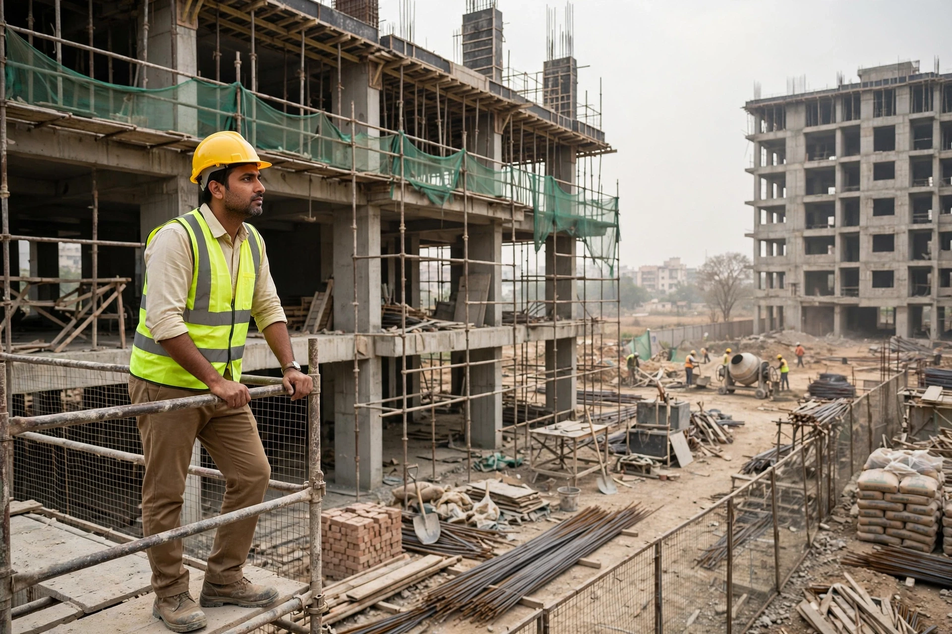 Plot owner inspecting unfinished residential tower site