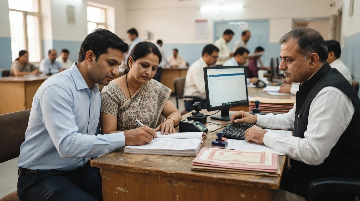 Couple signing deed at Haryana sub-registrar counter
