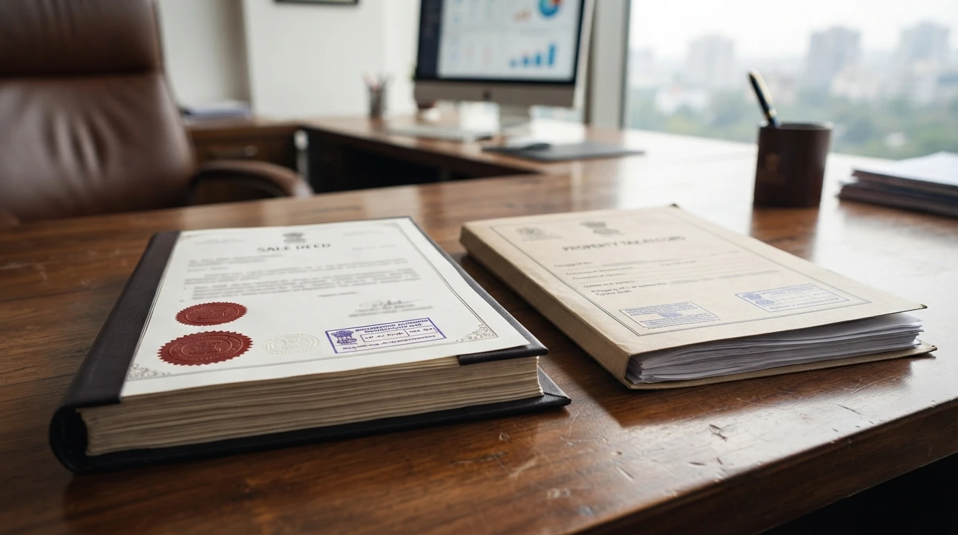 Stamped sale deed beside mutated tax record