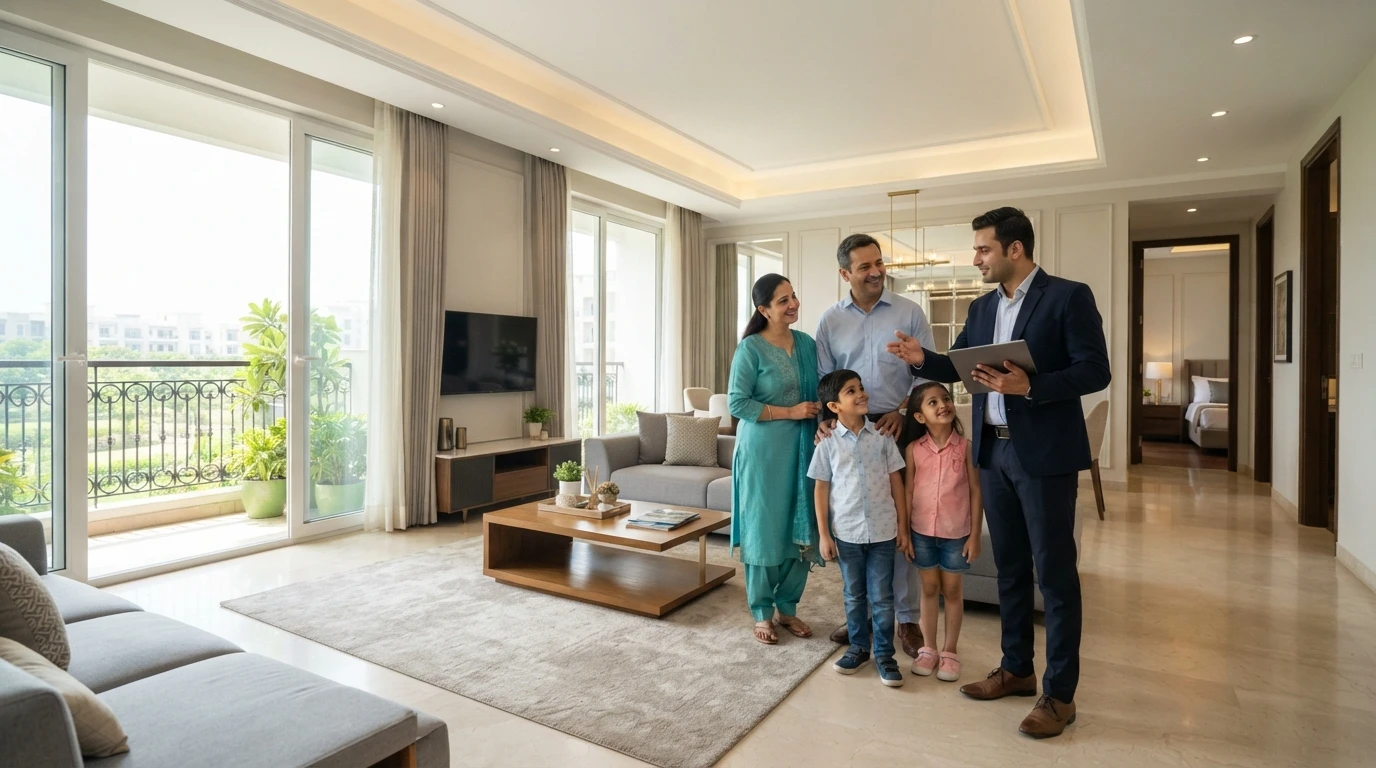 Family viewing a bright modern builder floor living room