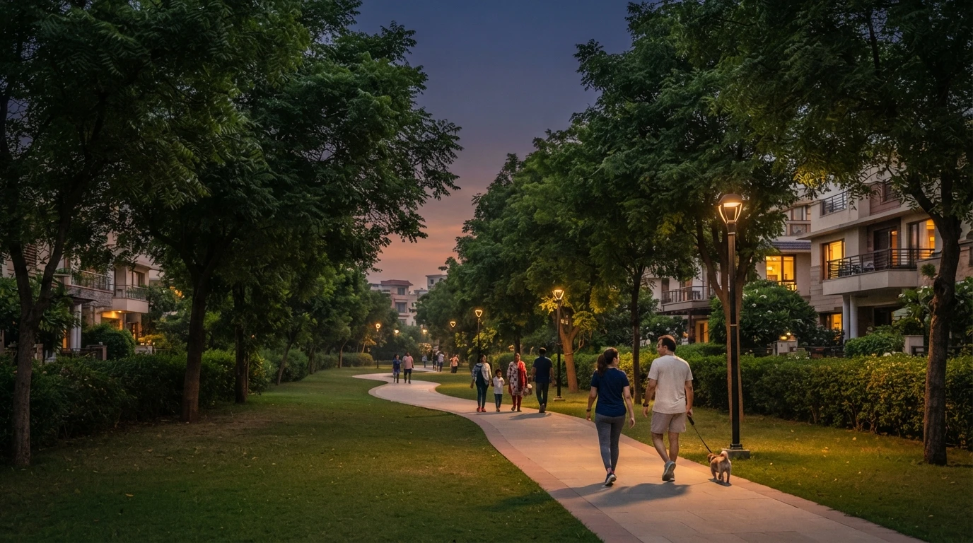 Residents walking a tree-lined township park path