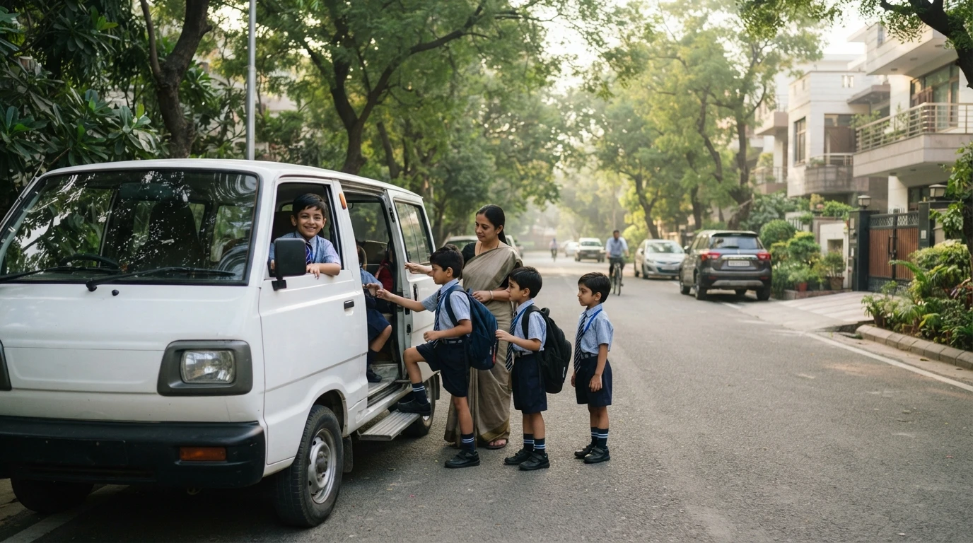 Children boarding van outside tertiary care hospital