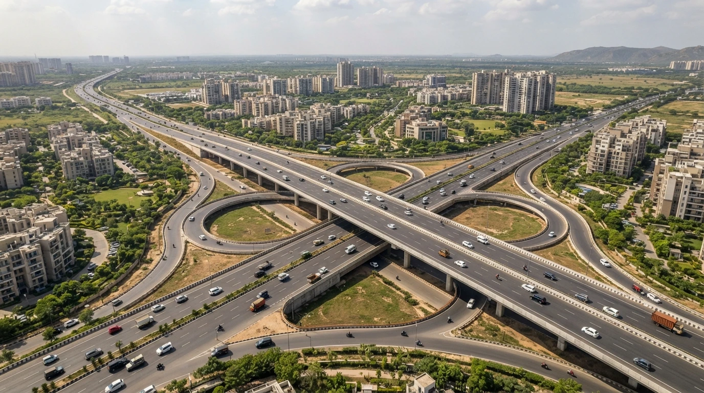Aerial view of a wide highway interchange near Gurgaon sectors