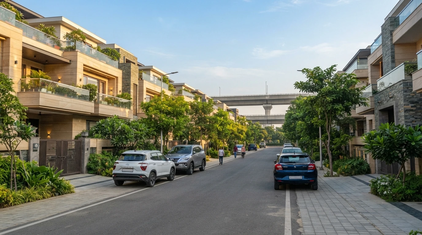 Tree-lined builder floor street in Gurgaon