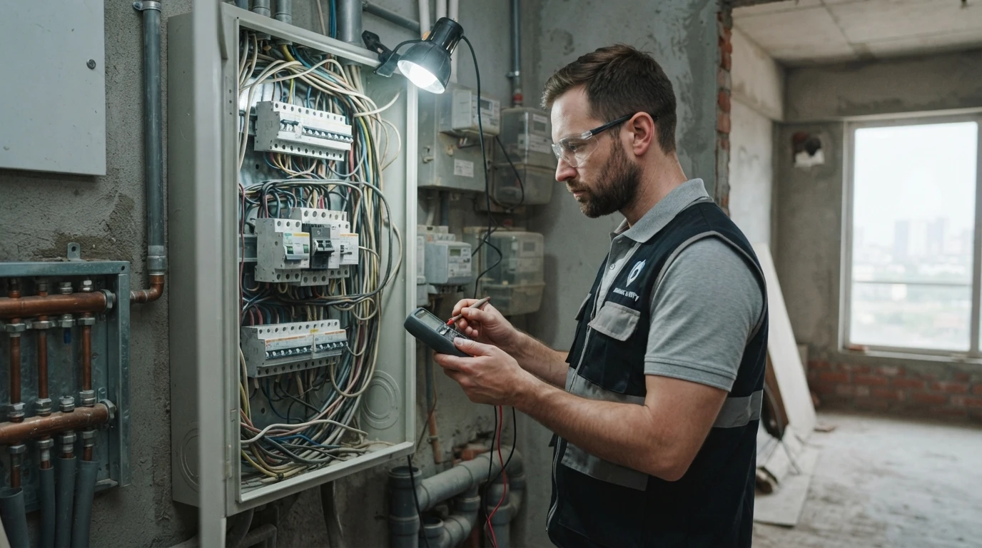 Home inspector checks electrical panel in under-construction Gurgaon luxury floor