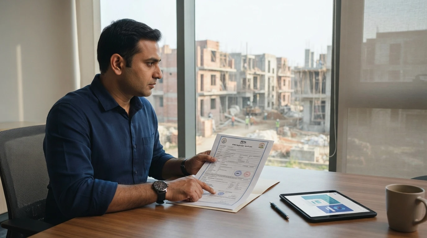 Buyer reviewing RERA certificate by a window