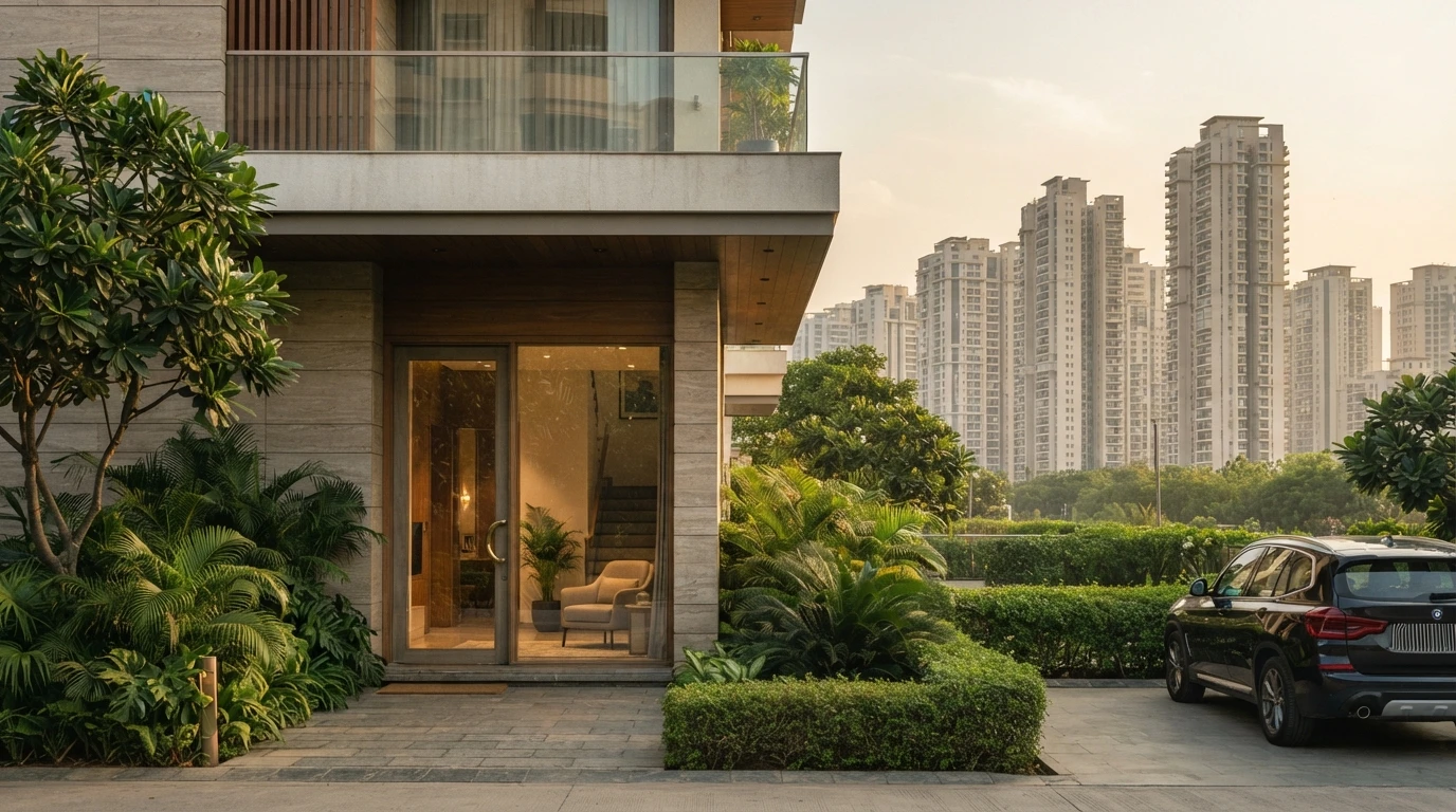 Private builder floor lobby against a Gurgaon skyline
