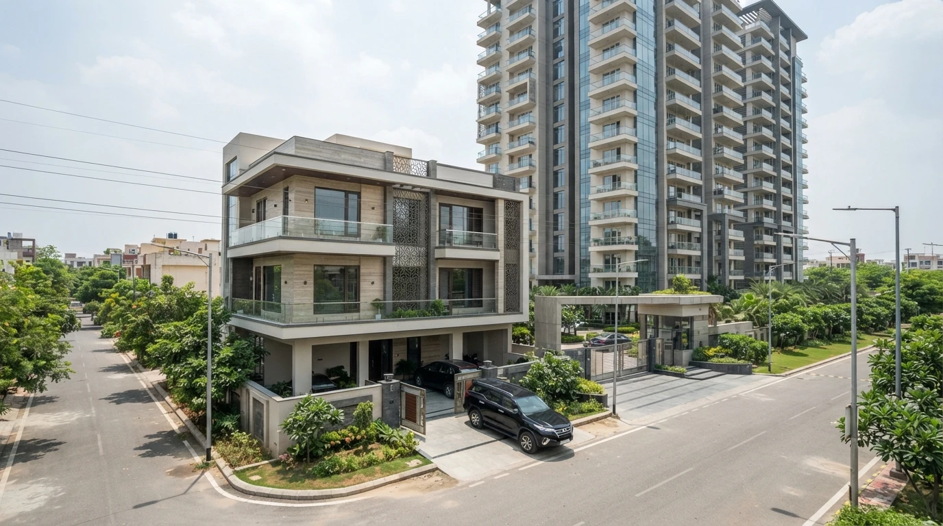 Low-rise builder floor beside a high-rise apartment tower in Gurugram