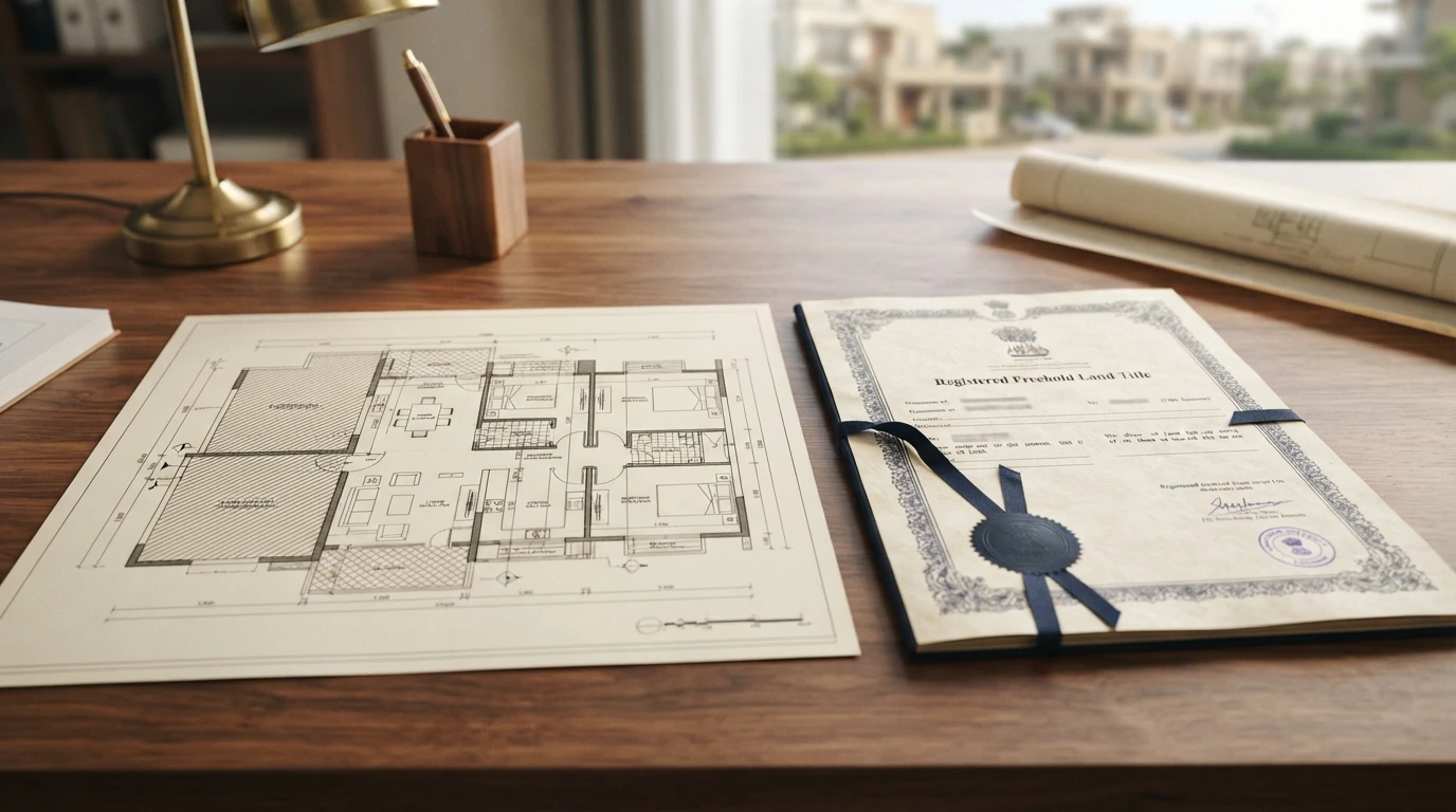 Freehold land title beside floor plan