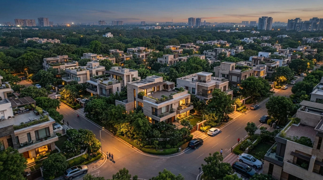 Aerial view of leafy Gurugram villa plots at dusk
