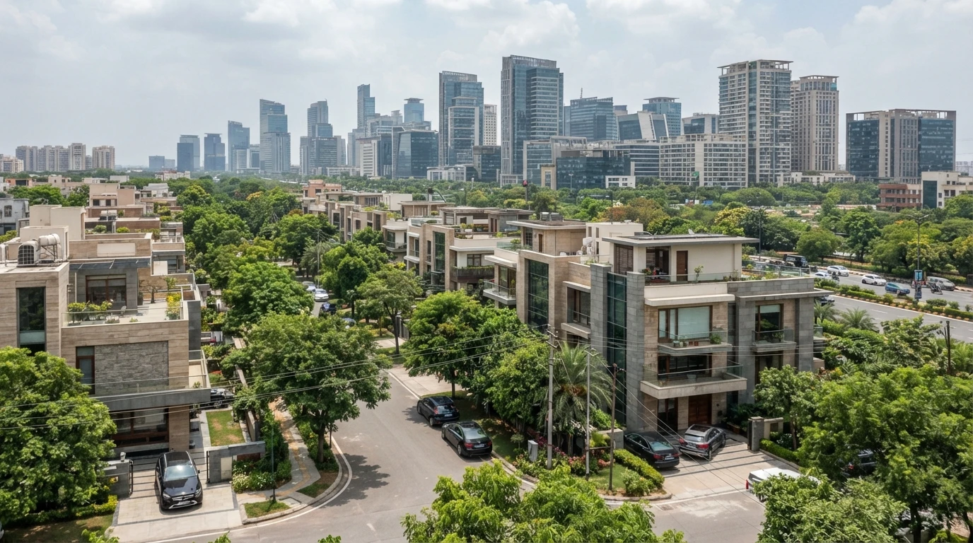 Low-rise builder floor colony with distant Gurgaon skyline