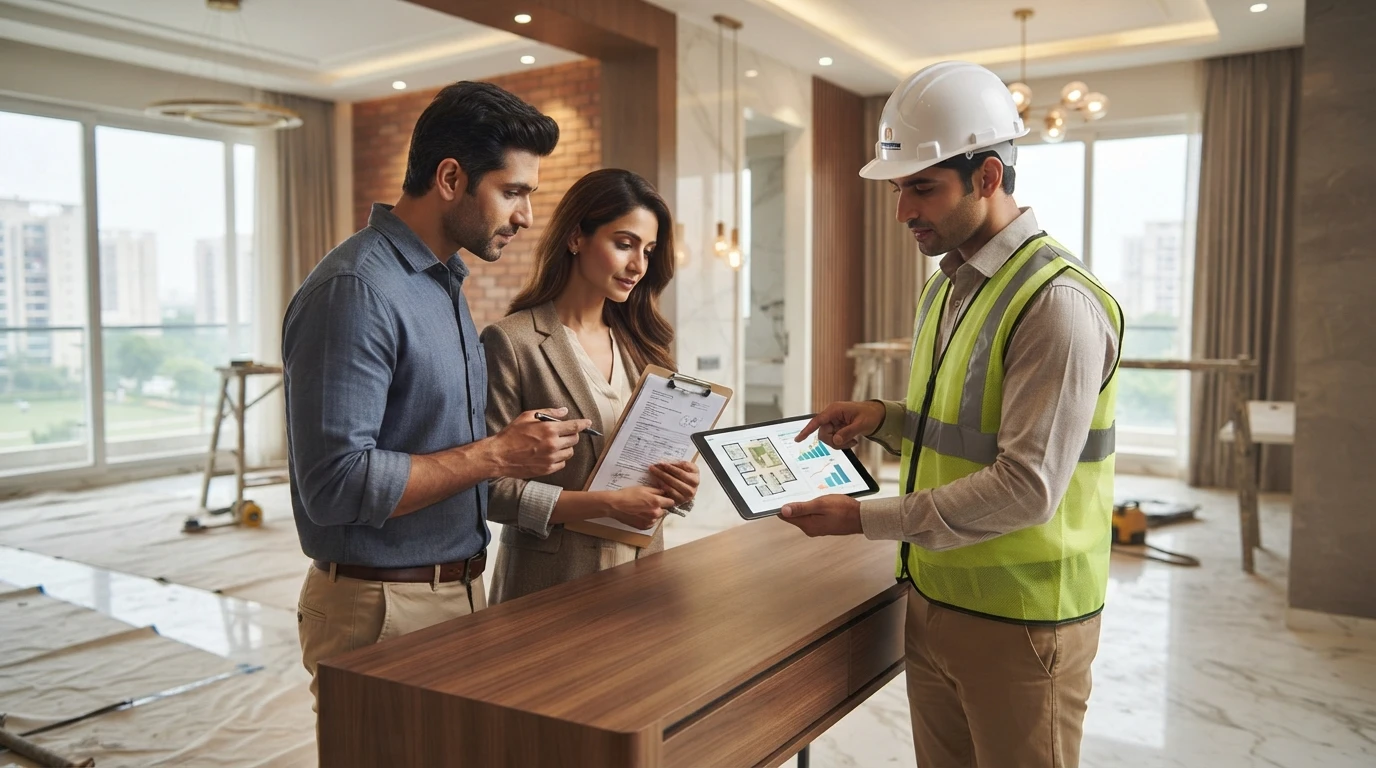 NRI couple reviews property documents with site engineer