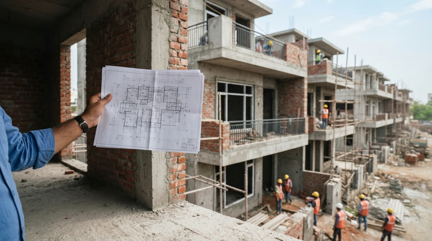 Architect comparing sanctioned plans with builder floor