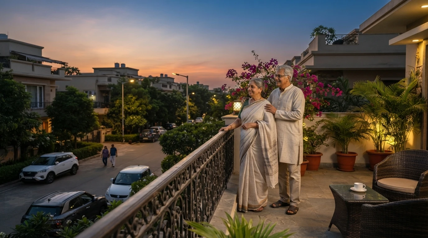 Retired couple on private terrace at dusk