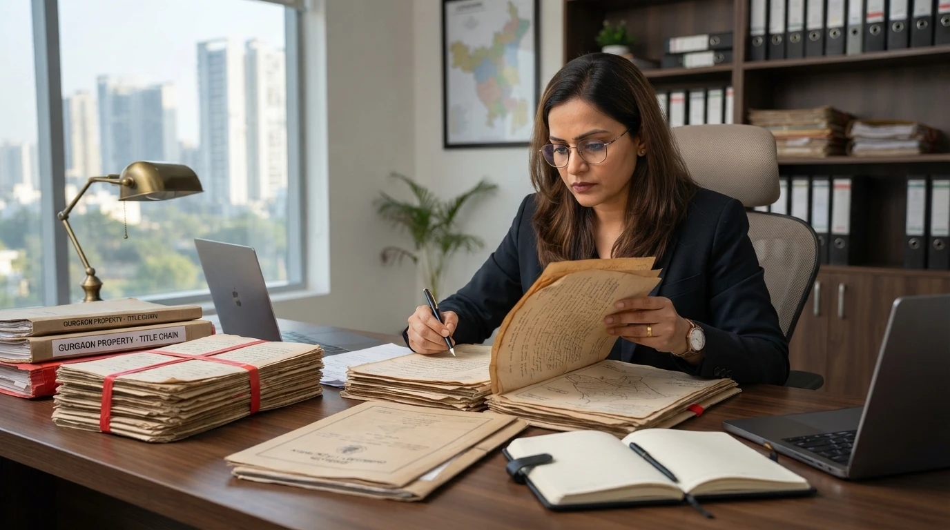 Property lawyer reviewing title deeds in Gurugram office