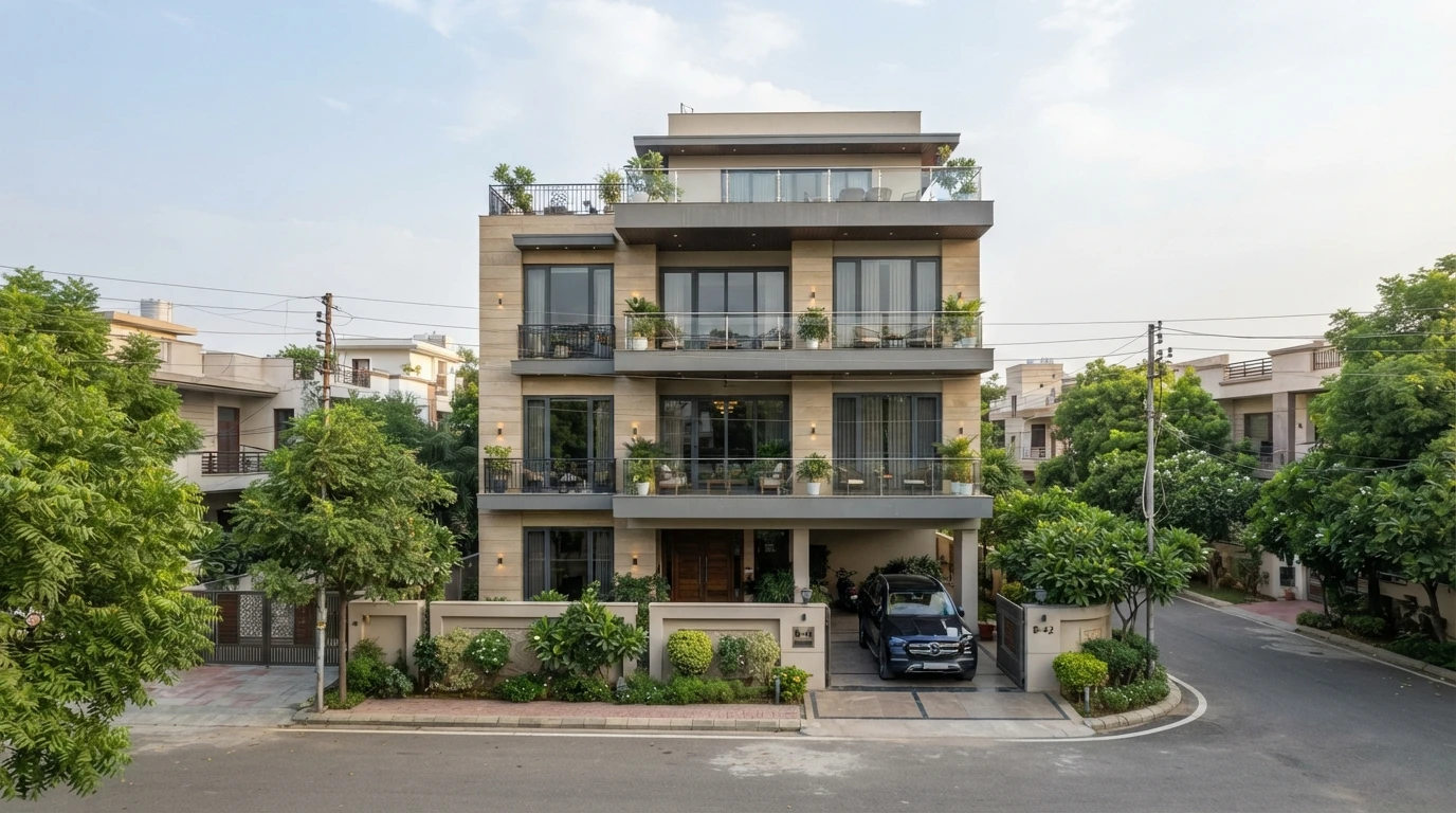 Modern builder floor facade on a tree-lined Gurgaon street