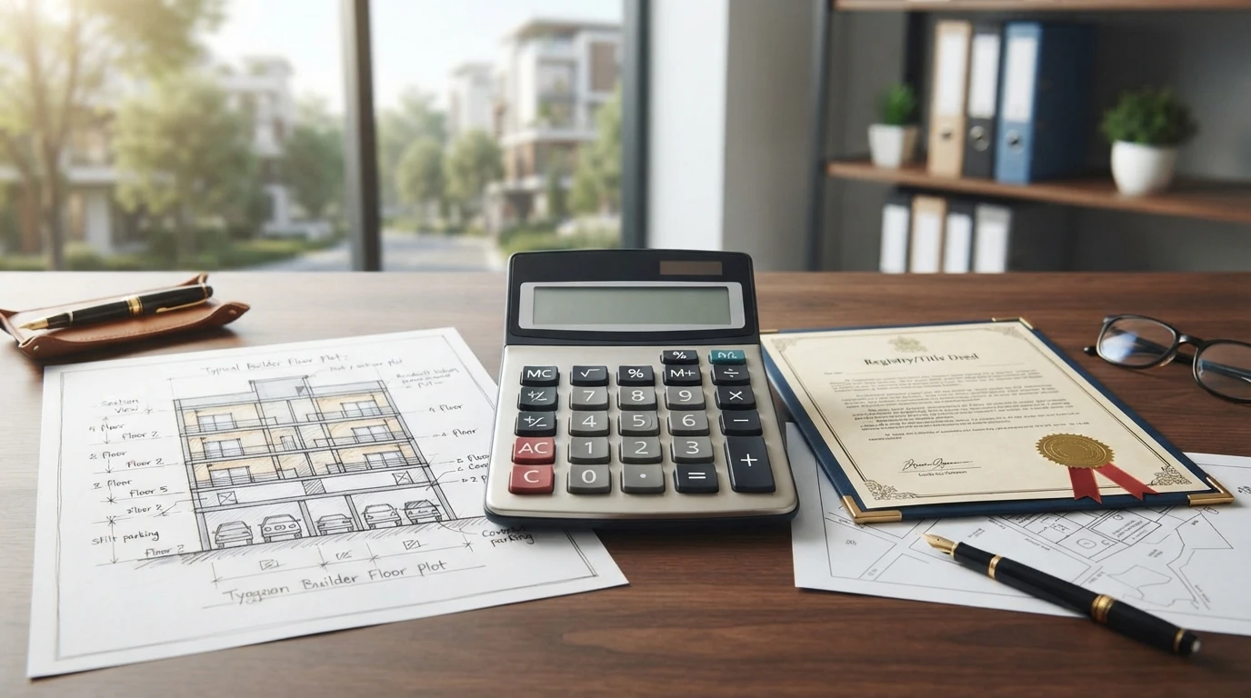Calculator, deed, and floor plan sketch on desk