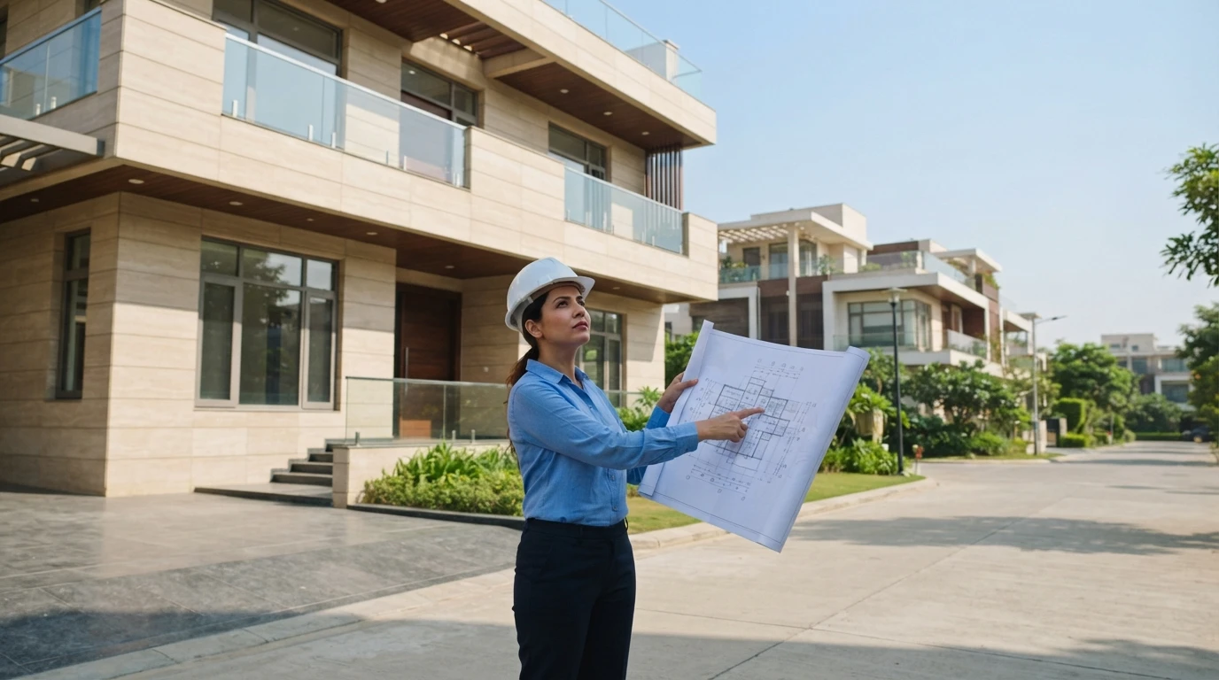Architect compares building plan to builder floor facade