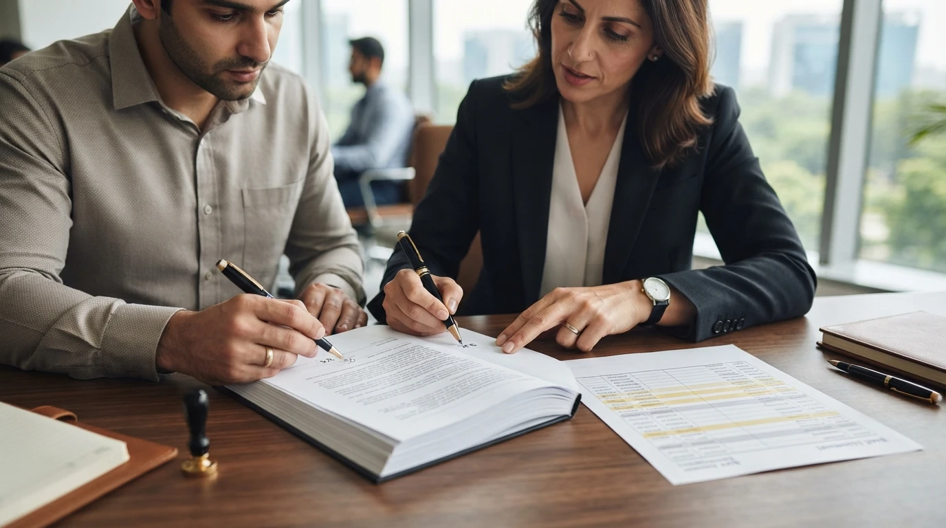 Buyer and lawyer initialing contract beside bank statement