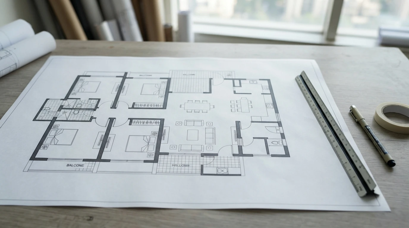 Architect's floor plan and ruler on a wooden table