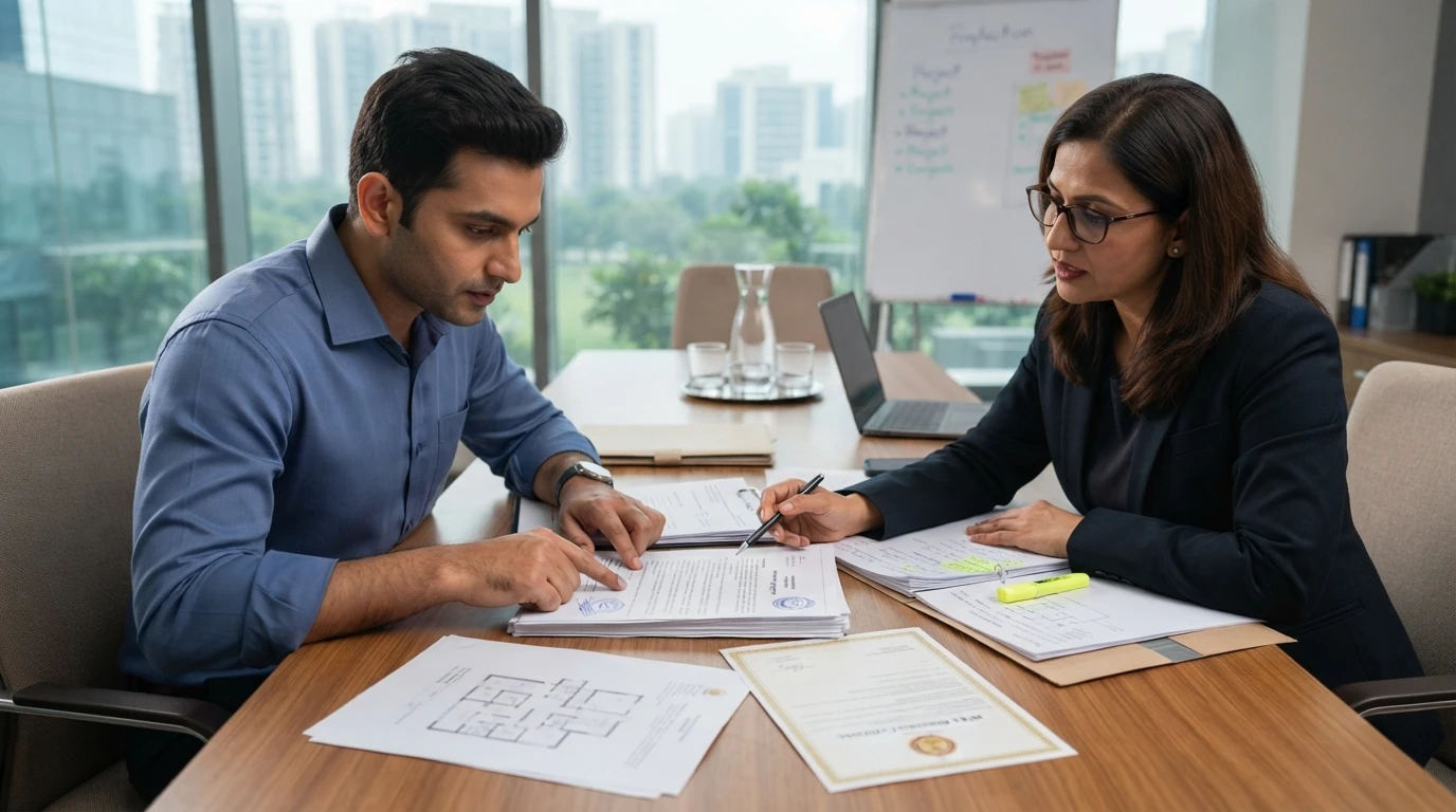 Buyer and lawyer reviewing stamped property documents