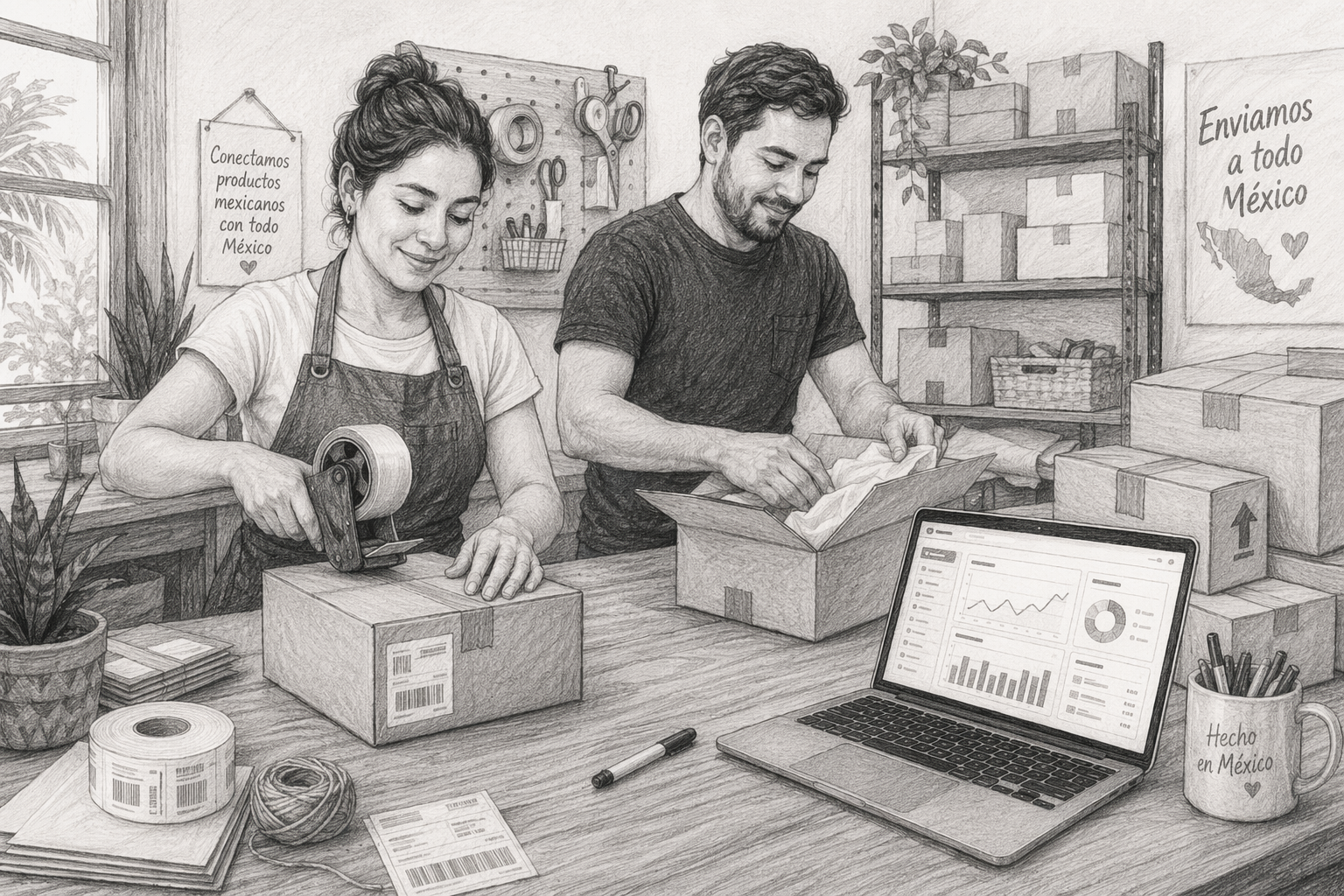 Dos emprendedores empacando pedidos frente a laptop