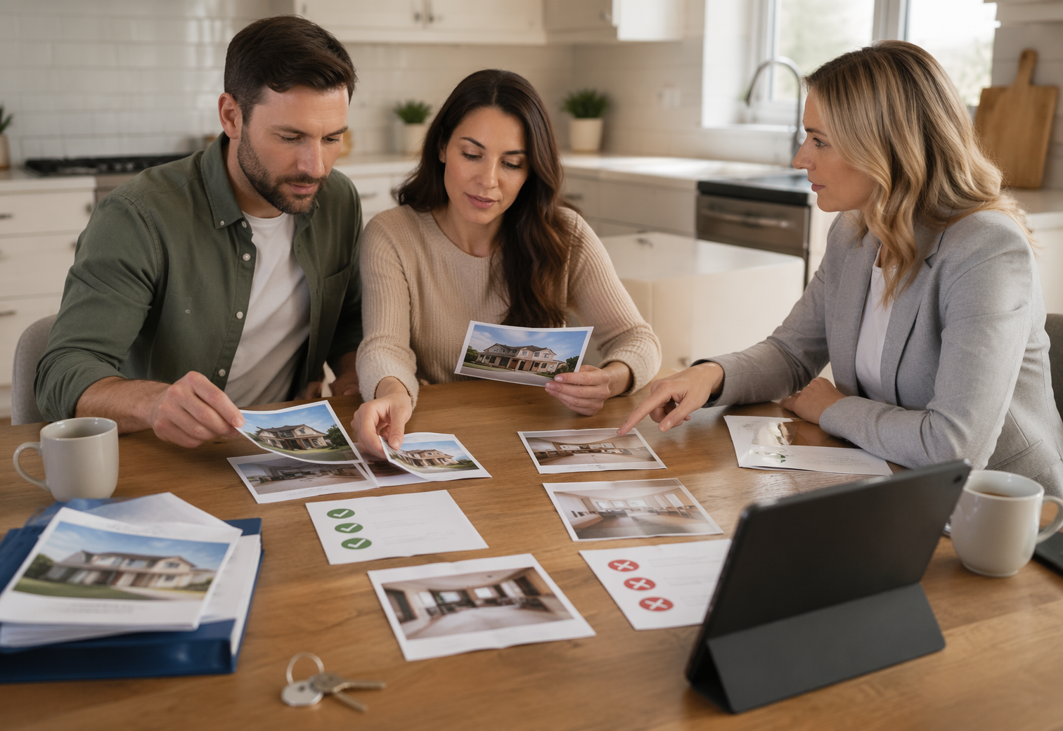 Homebuyers reviewing printed listings with realtor at kitchen table