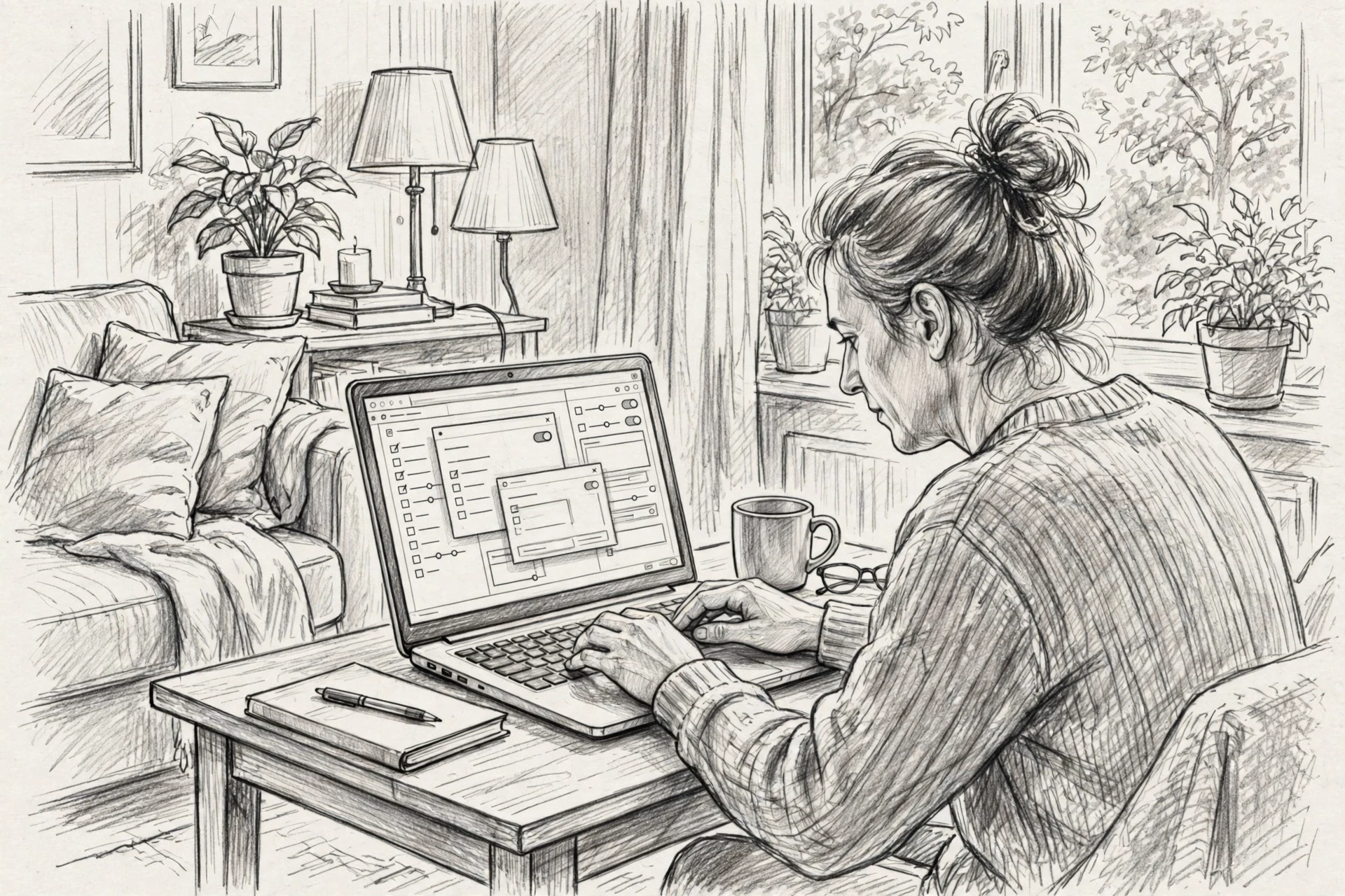 Pencil sketch einer Person bei der ESU-Aktivierung am Laptop
