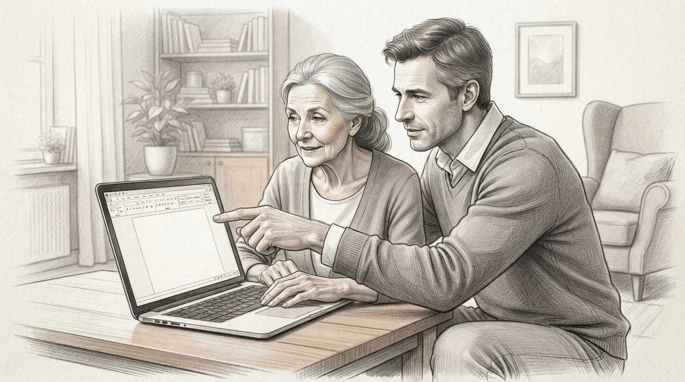 IT-Berater unterstützt Seniorin am Laptop