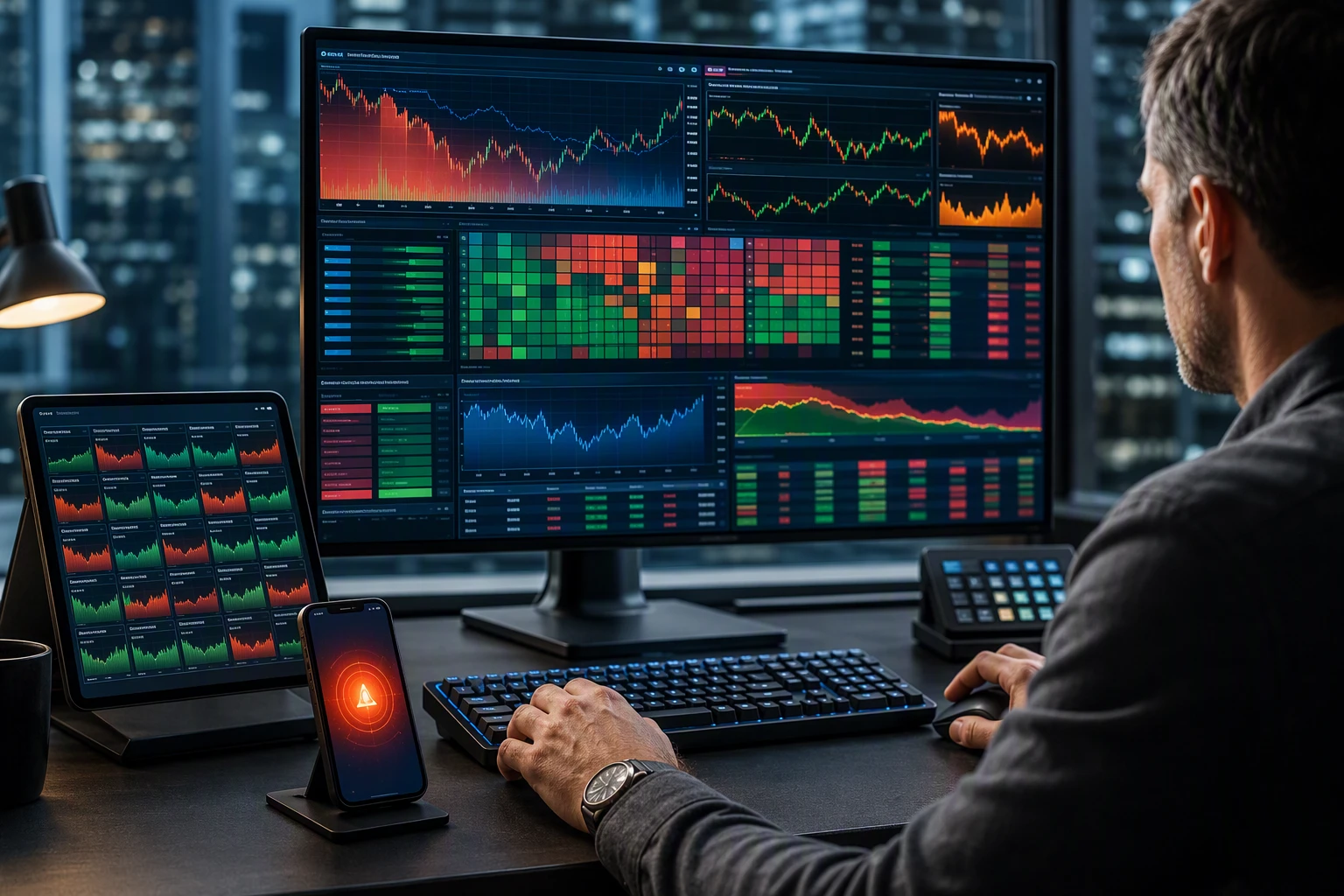 Trader reviewing ETF workflow diagram on multiple monitors
