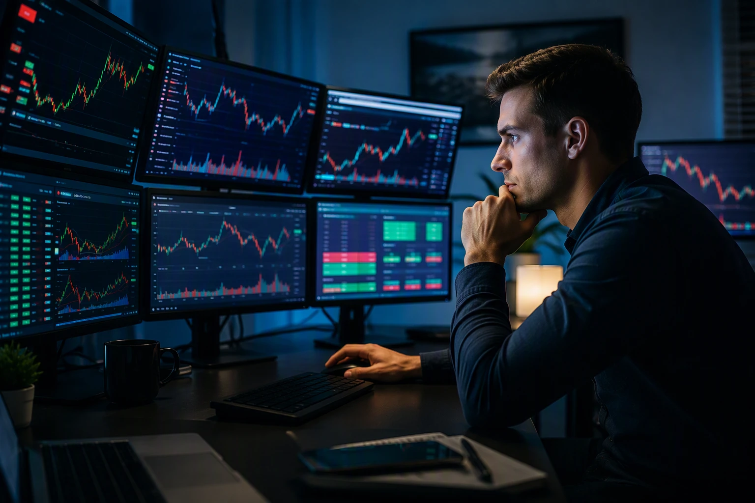 Focused day trader reviewing real-time alerts on multiple screens