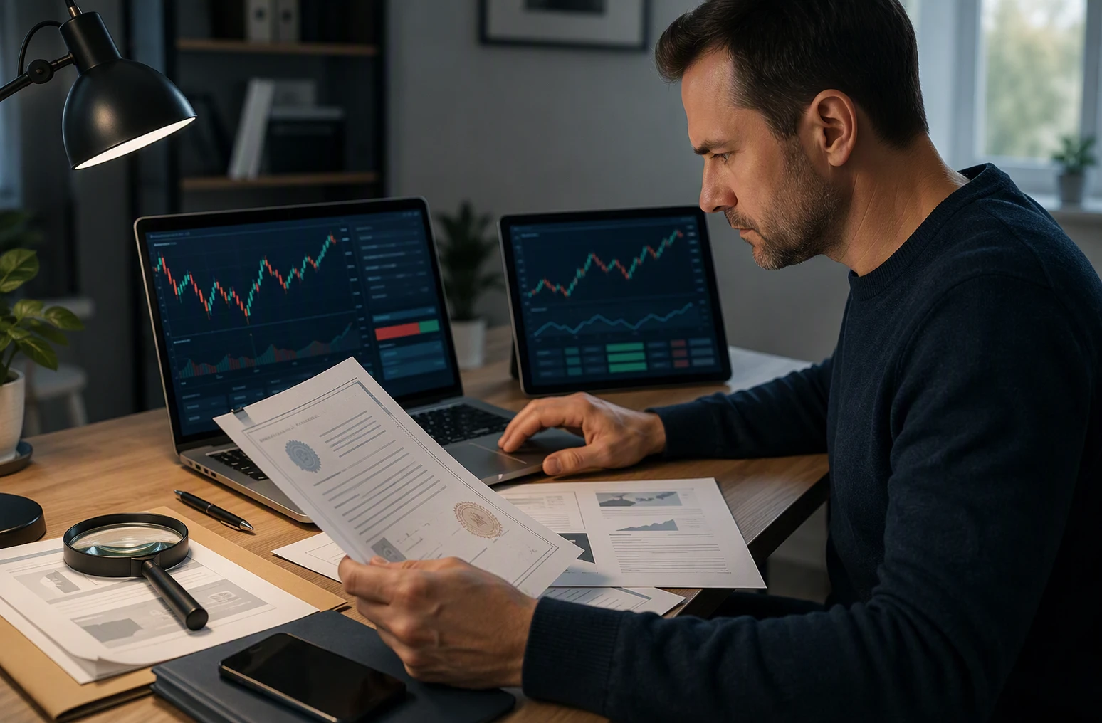 Investor reviewing trading platform and compliance documents