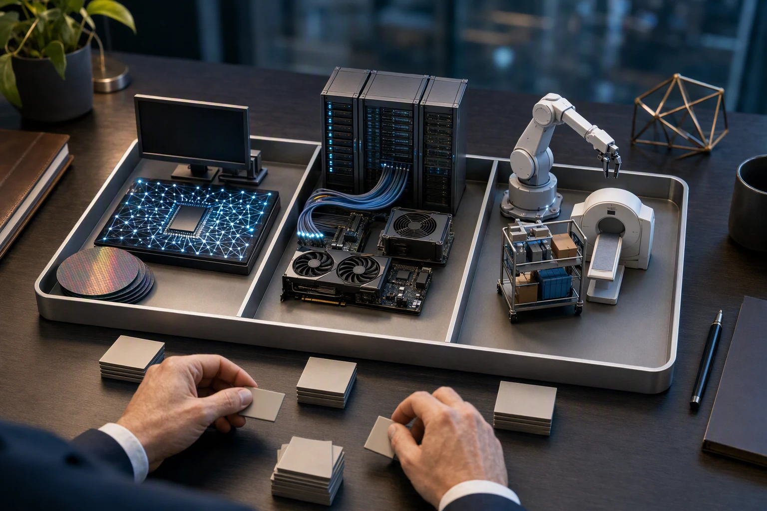 Three warehouse aisles sorting AI hardware components