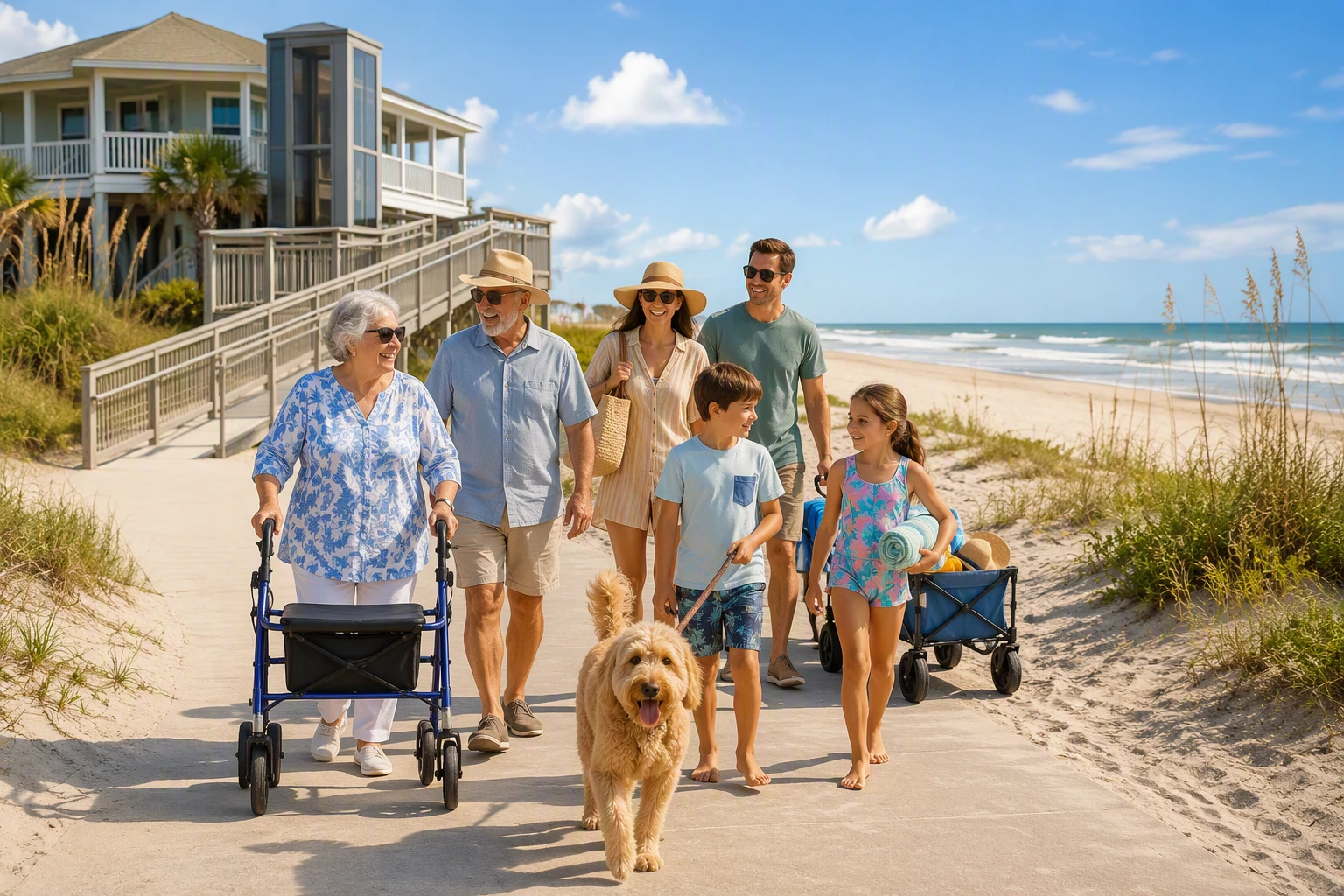 Multigenerational family walking dog to Gulf waves