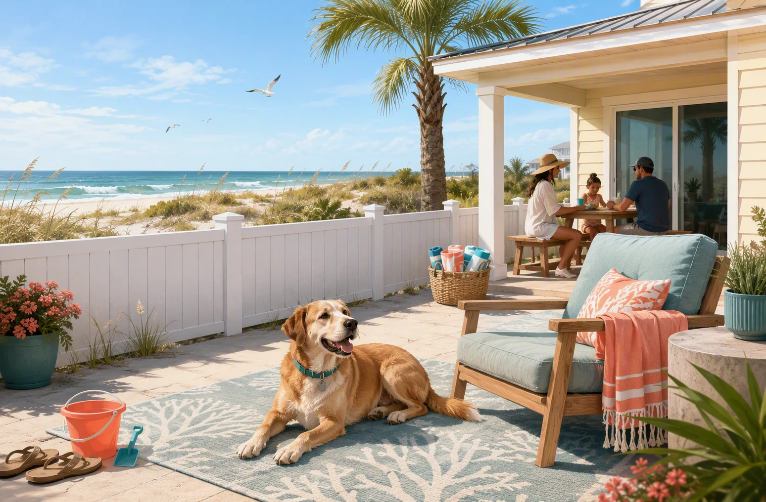 Cartoonish family dog relaxing in fenced beachfront yard