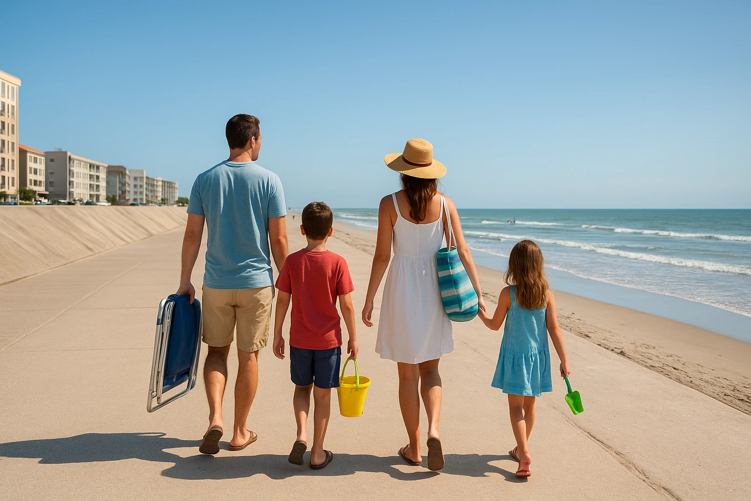 Família caminhando ao longo do ensolarado Galveston Seawall