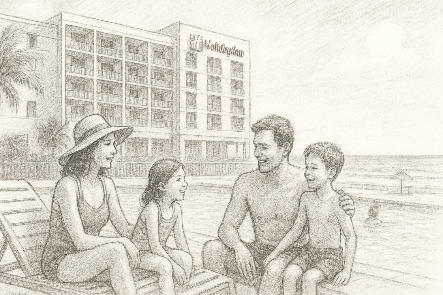 Família relaxando à beira da piscina ensolarada na praia