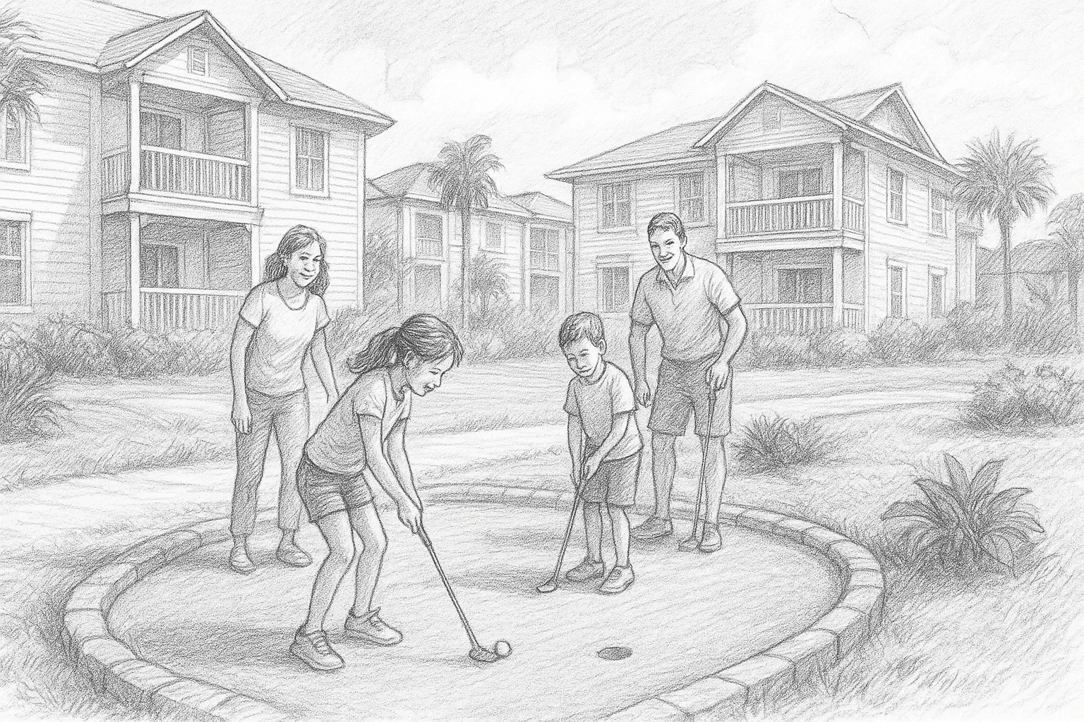 Esboço a lápis de crianças brincando de mini golfe perto das vilas do resort