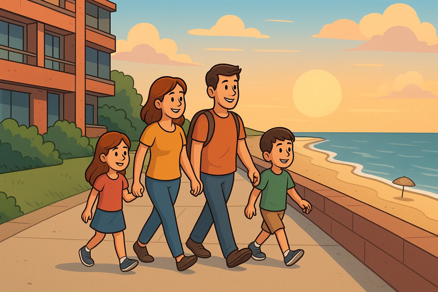 Família caminhando em direção à praia ao pôr do sol a partir do loft