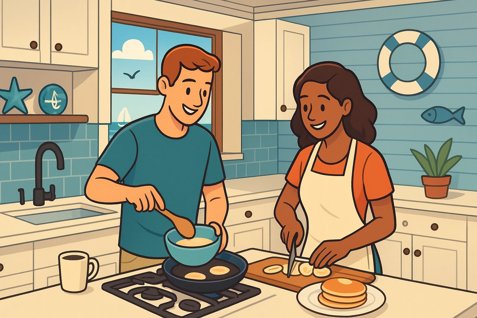Casal cozinhando na cozinha iluminada de um loft em Galveston