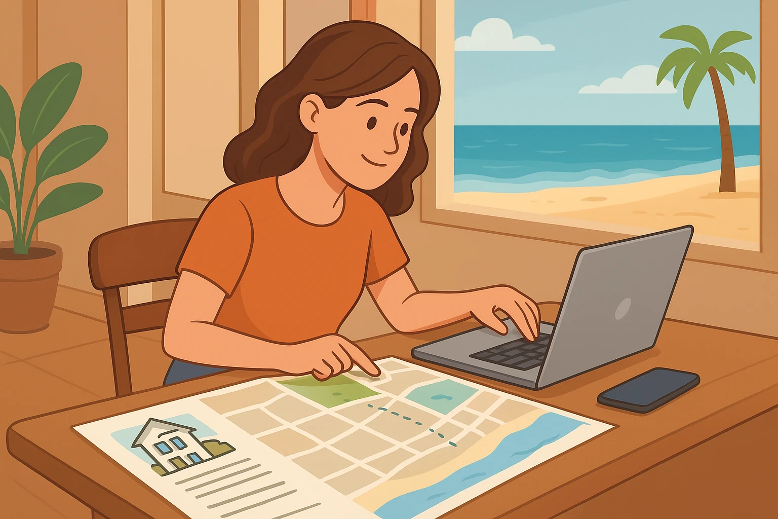 Viajante comparando mapas de pousadas na praia em um café