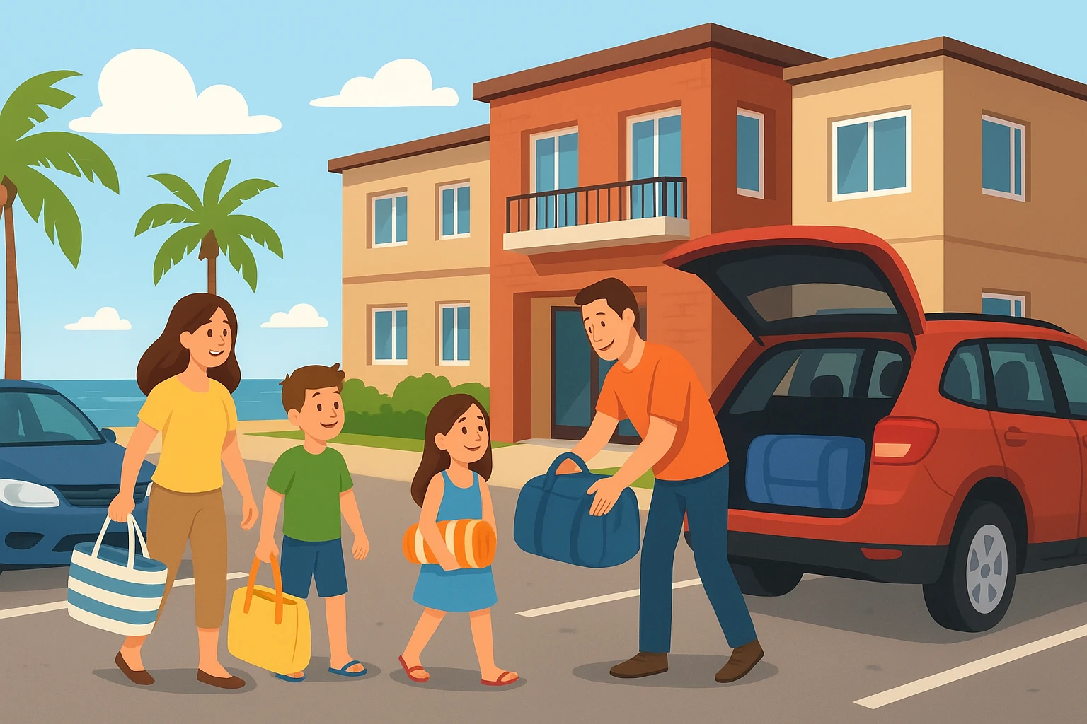 Família descarregando equipamentos de praia ao lado do estacionamento do loft costeiro