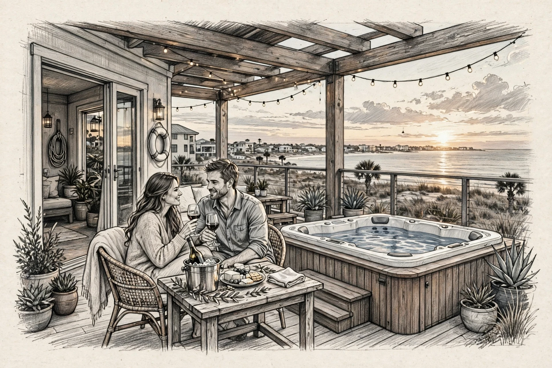 Couple toasting on loft patio at sunset