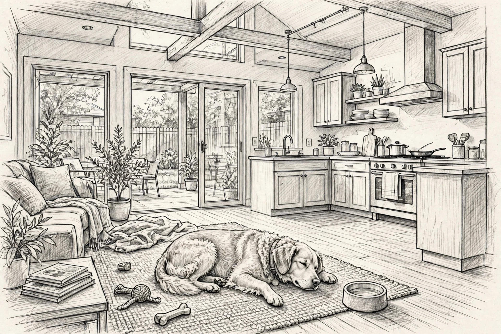 Pencil sketch of a dog resting on a loft rug