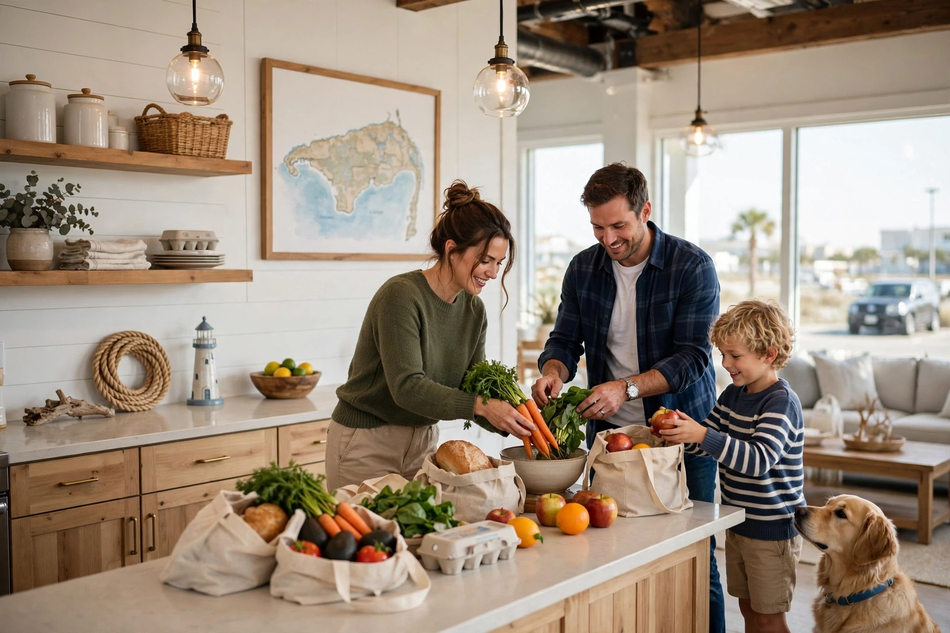 Family unpacking groceries in nautical loft kitchen