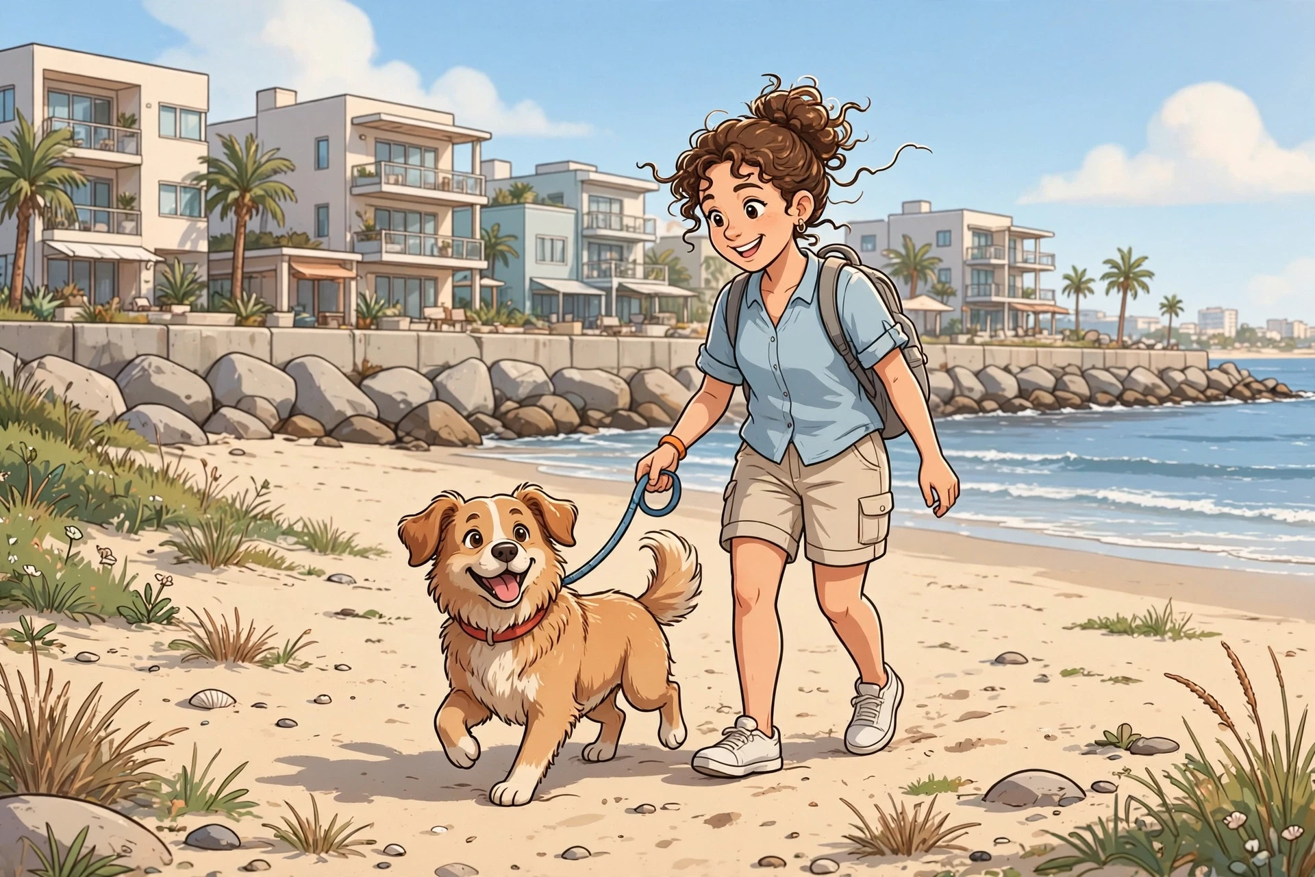 Happy dog on leash by Galveston Seawall