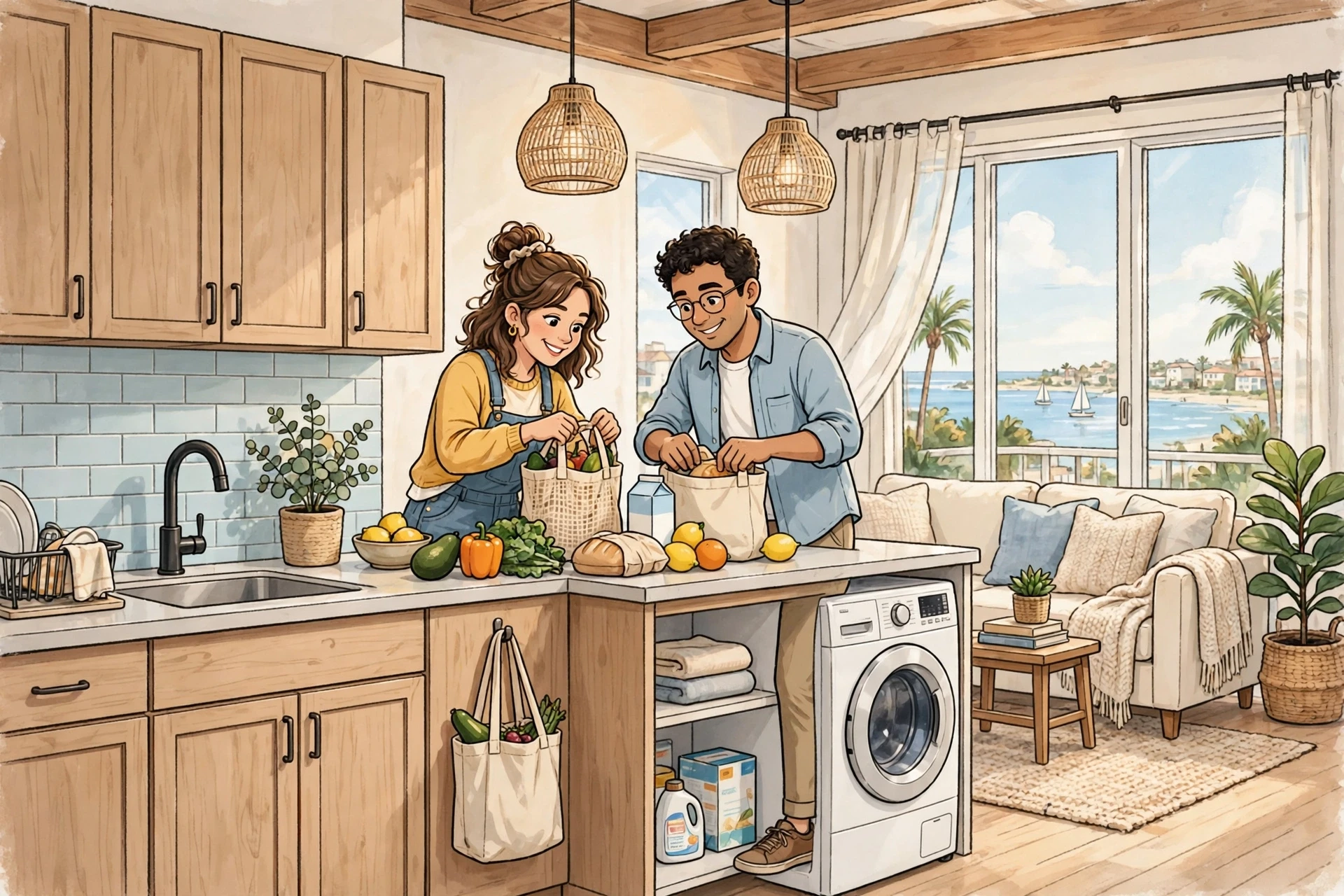 Couple unpacking groceries in bright coastal loft