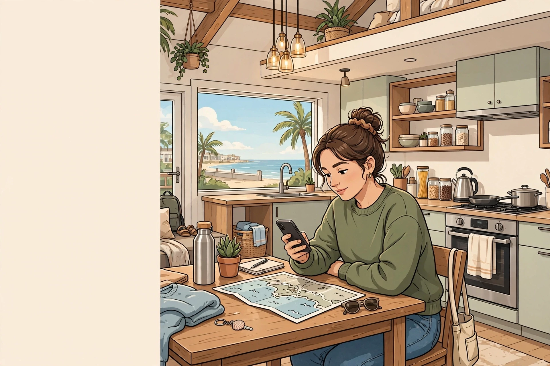 A traveler compares stay lengths on a phone at a kitchen table